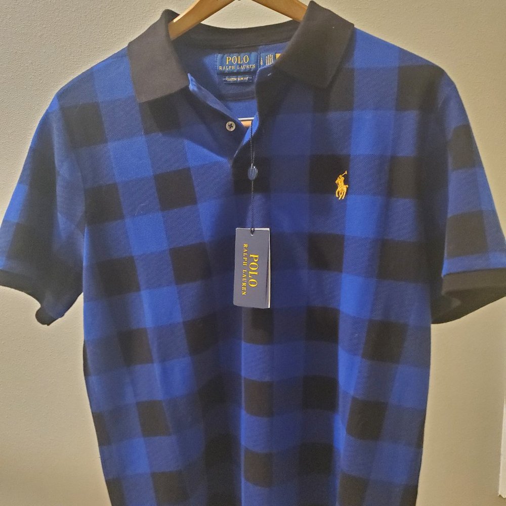 NWT Ralph Lauren Polo Tartan Plaid Polo Shirt Short Sleeve Black Collar L Slim